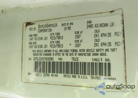 2000 Dodge Dakota Slt/Sport from USA, damaged, VIN 1B7GL22X2YS632901